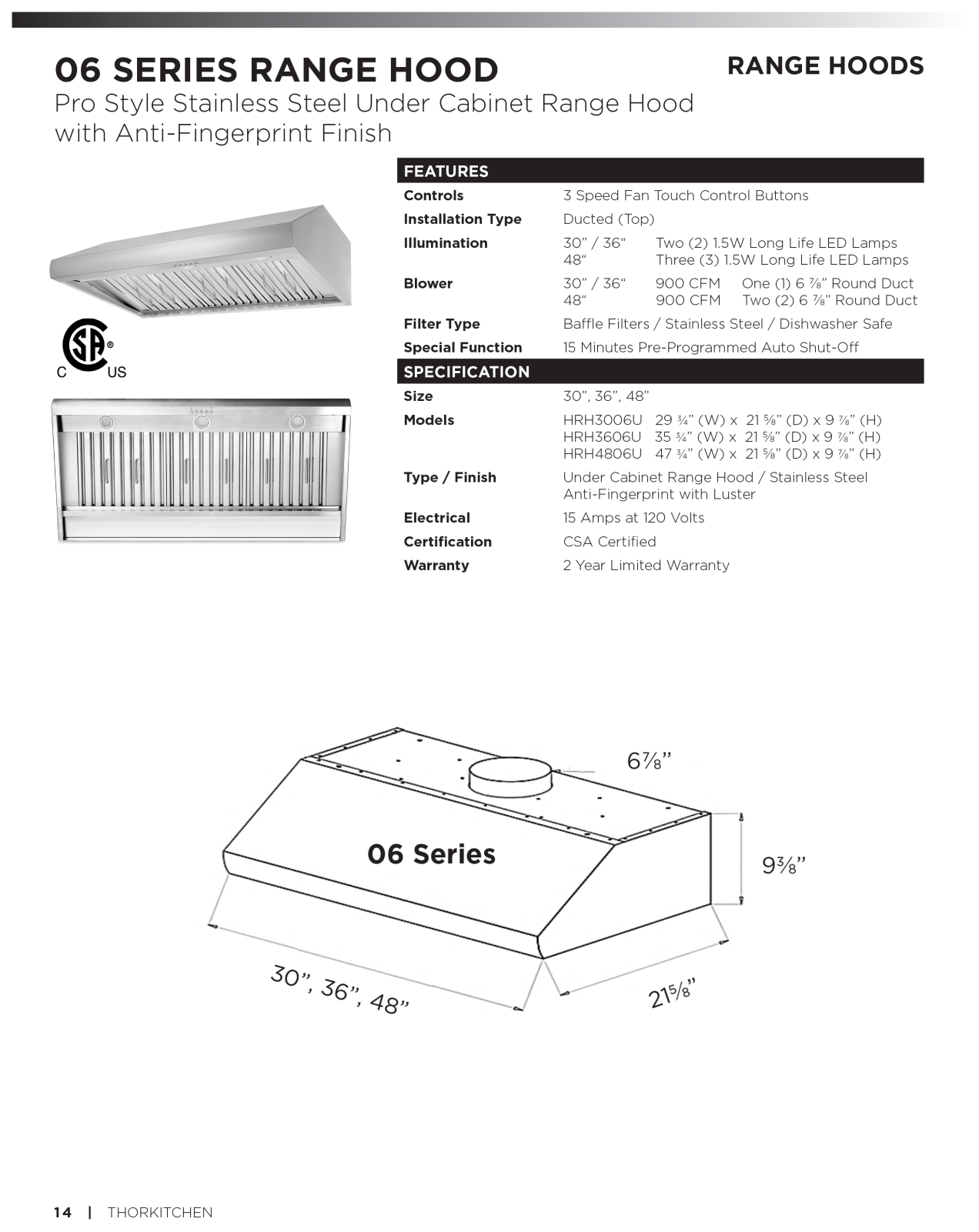 Thor Kitchen HRH3006U Specifications