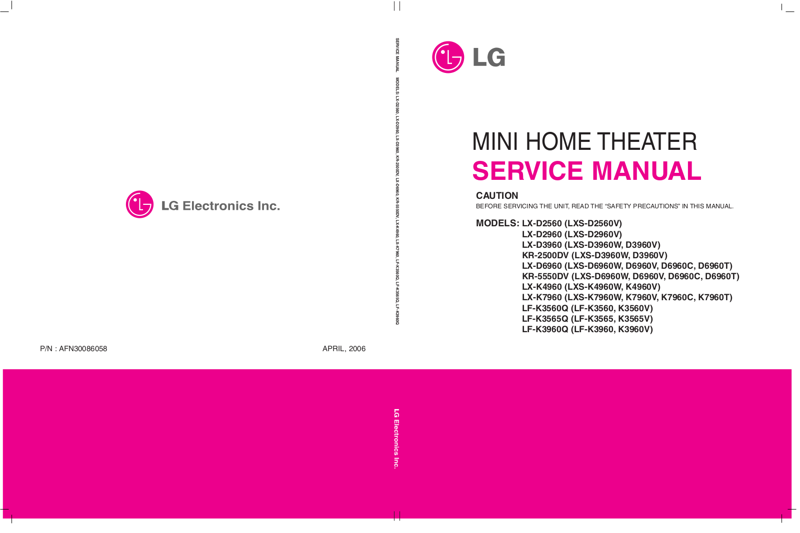 LG LX-D2560, LXS-D2560V, LX-D2960, LXS-D2960V, LX-D3960 Service Manual