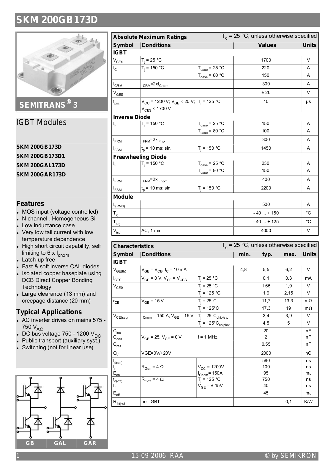 Semikron SKM200GAR173D Data Sheet