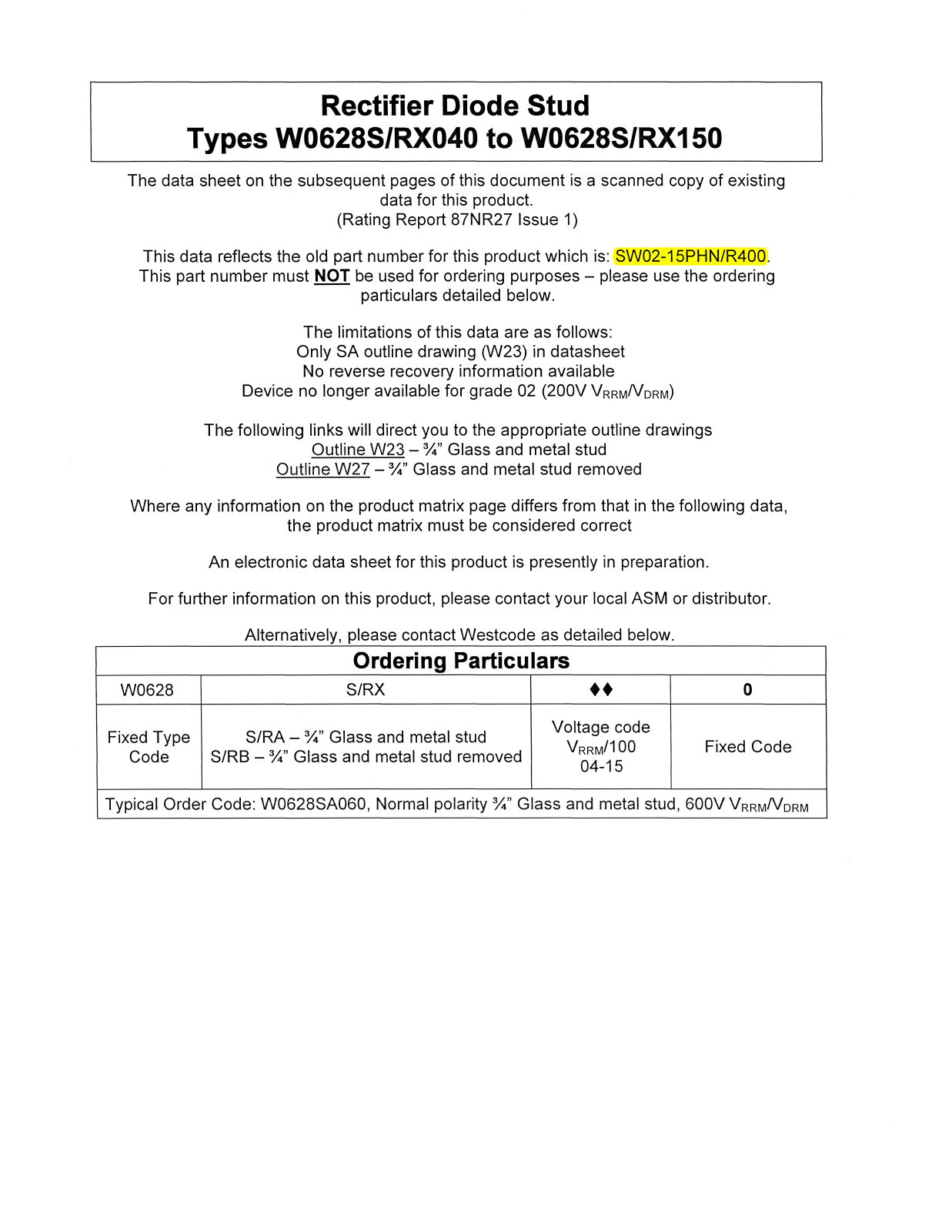 Datasheet W0628S040, W0628S150, W0628RX040, W0628RX150 Datasheet (Westcode Semiconductors) - ManualMachine.com