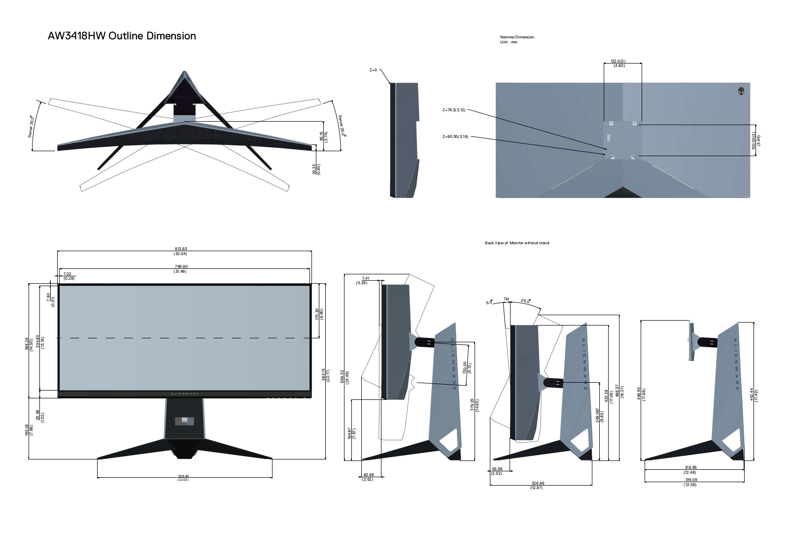 Dell Alienware AW3418HW Dimensional drawing