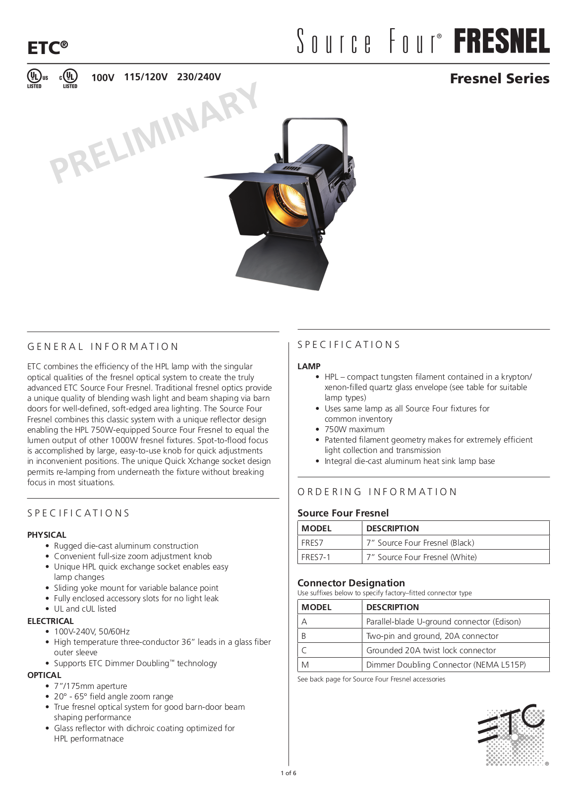 ETC Source Four Fresnel Specifications