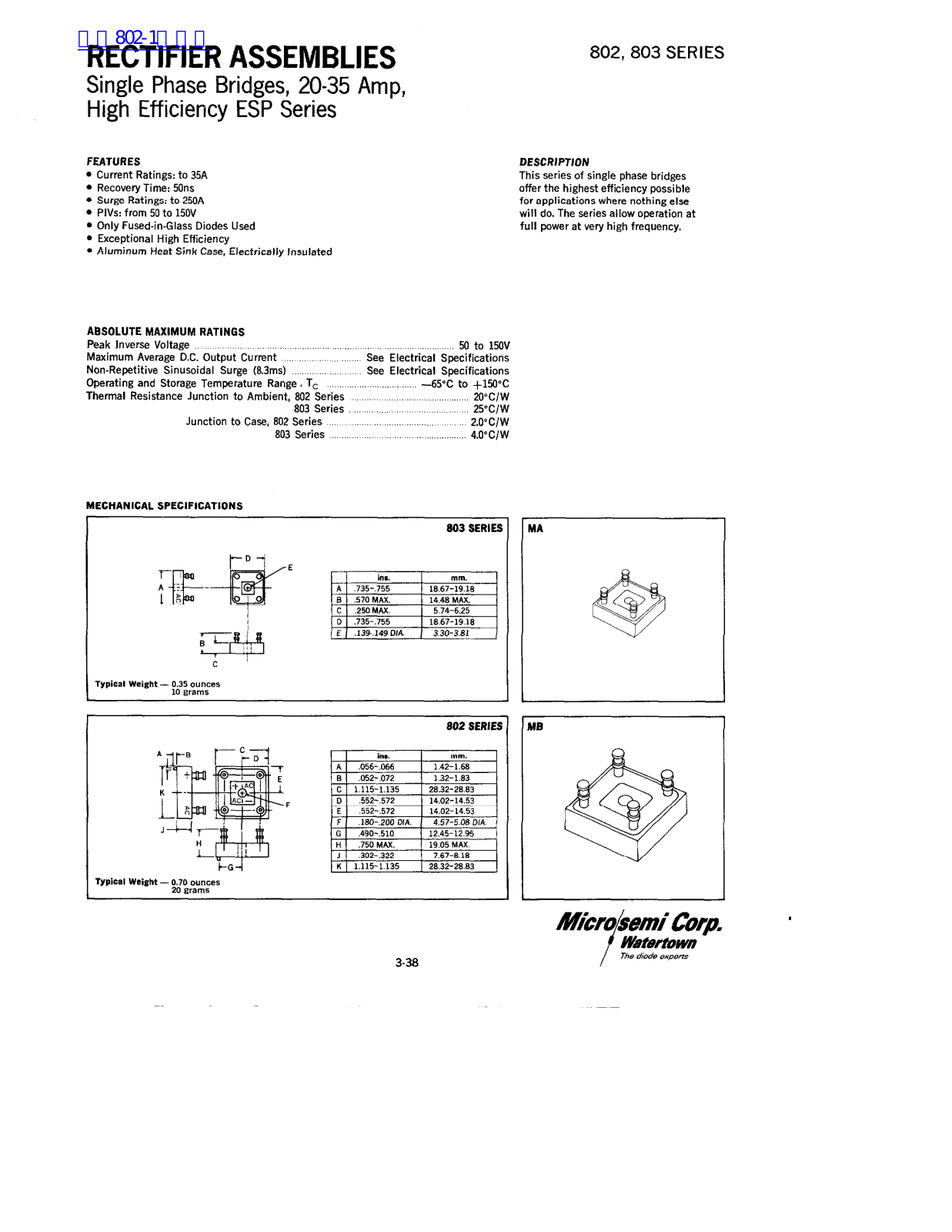 Microsemi 802, 803 Technical data