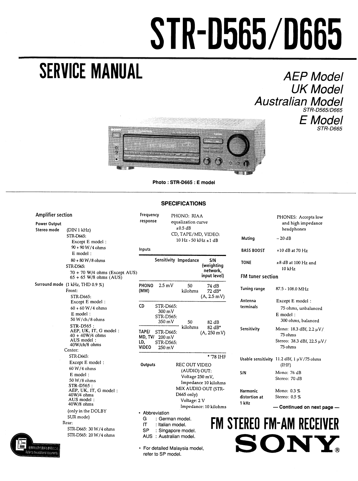 SONY STR D565 Service Manual