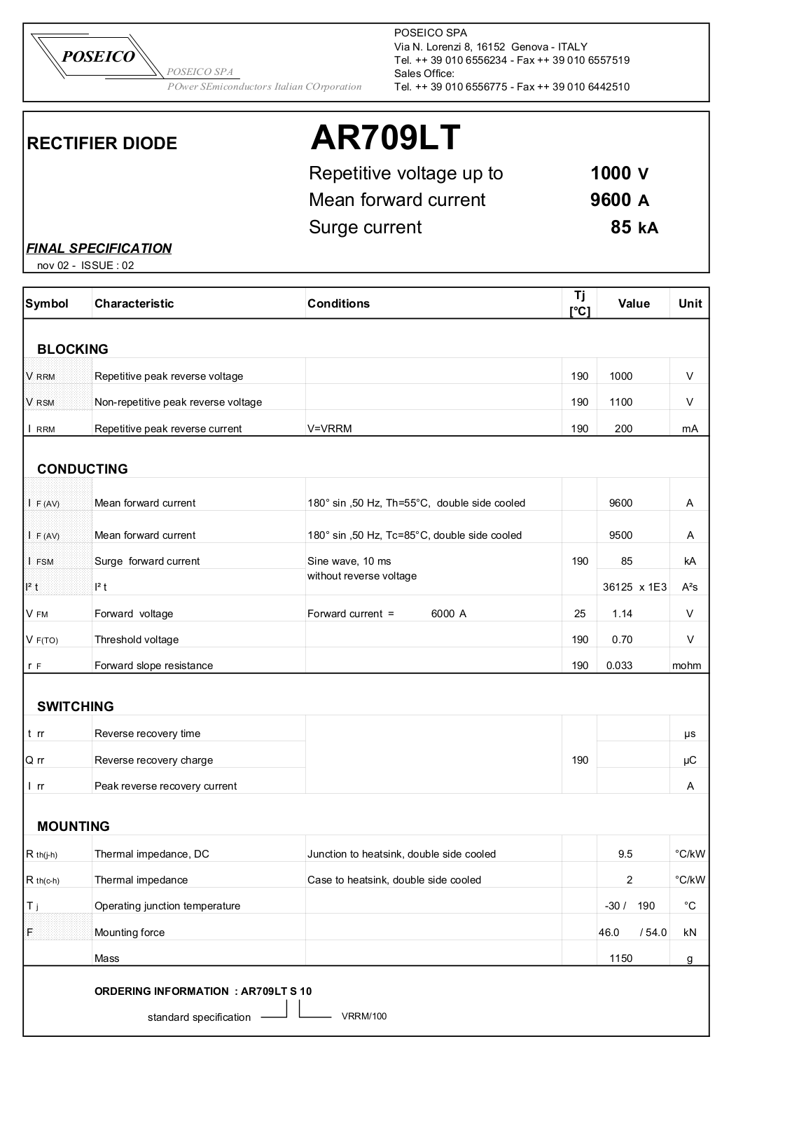 POSEICO AR709LTS10 Datasheet