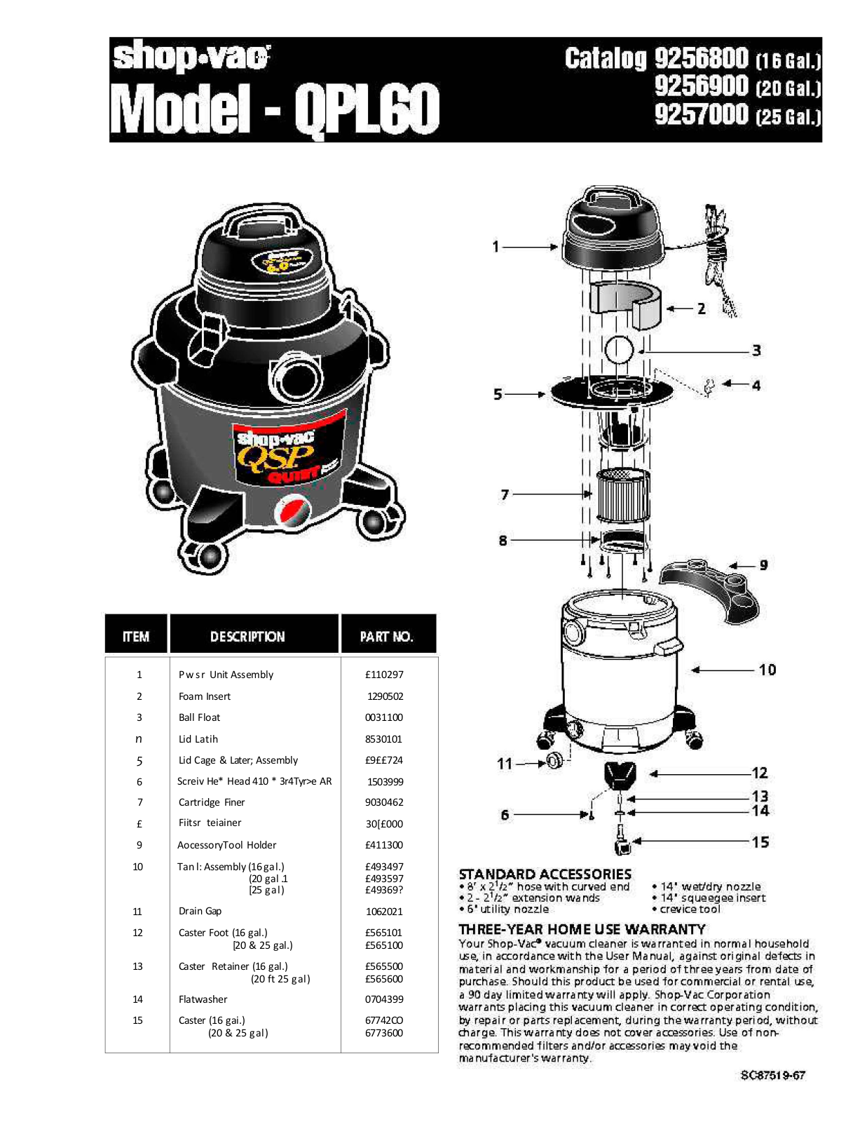 Shop Vac Qpl60 Owner's Manual