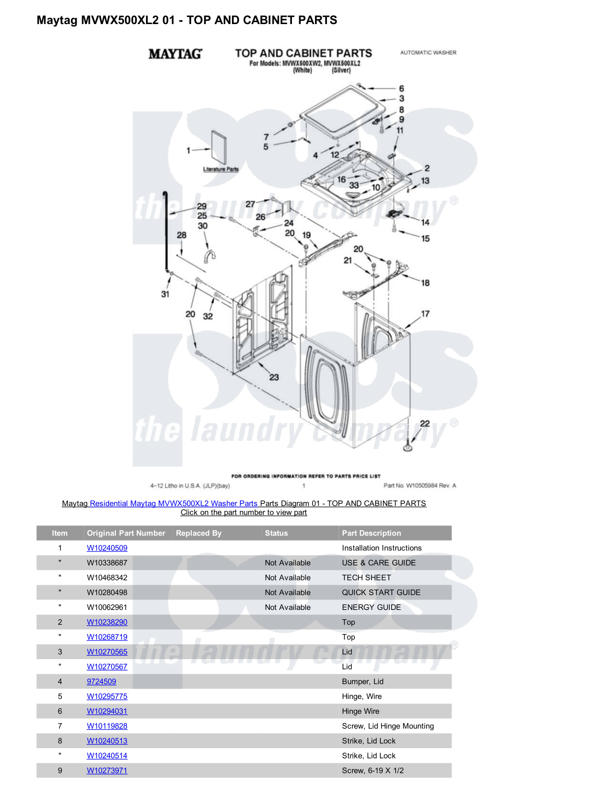 Maytag MVWX500XL2 Parts Diagram