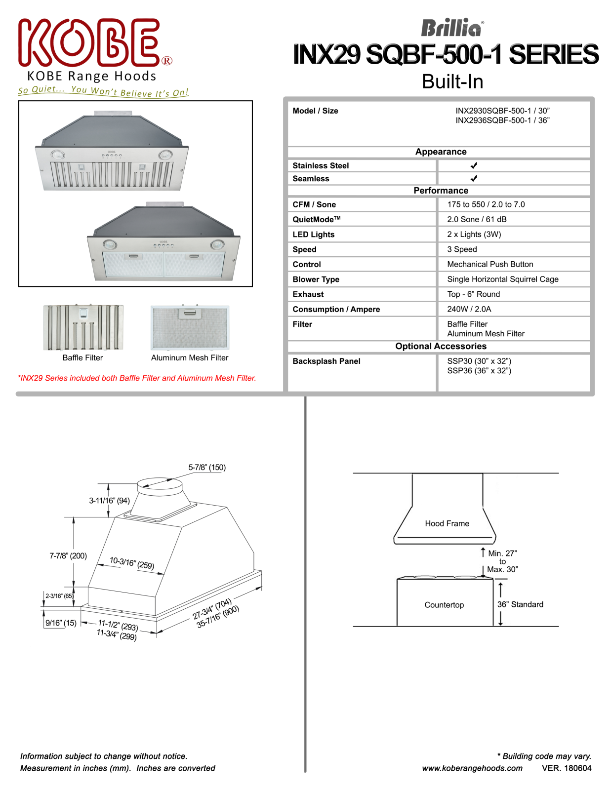 Kobe INX2930SQBF5001 PRODUCT SPECIFICATIONS