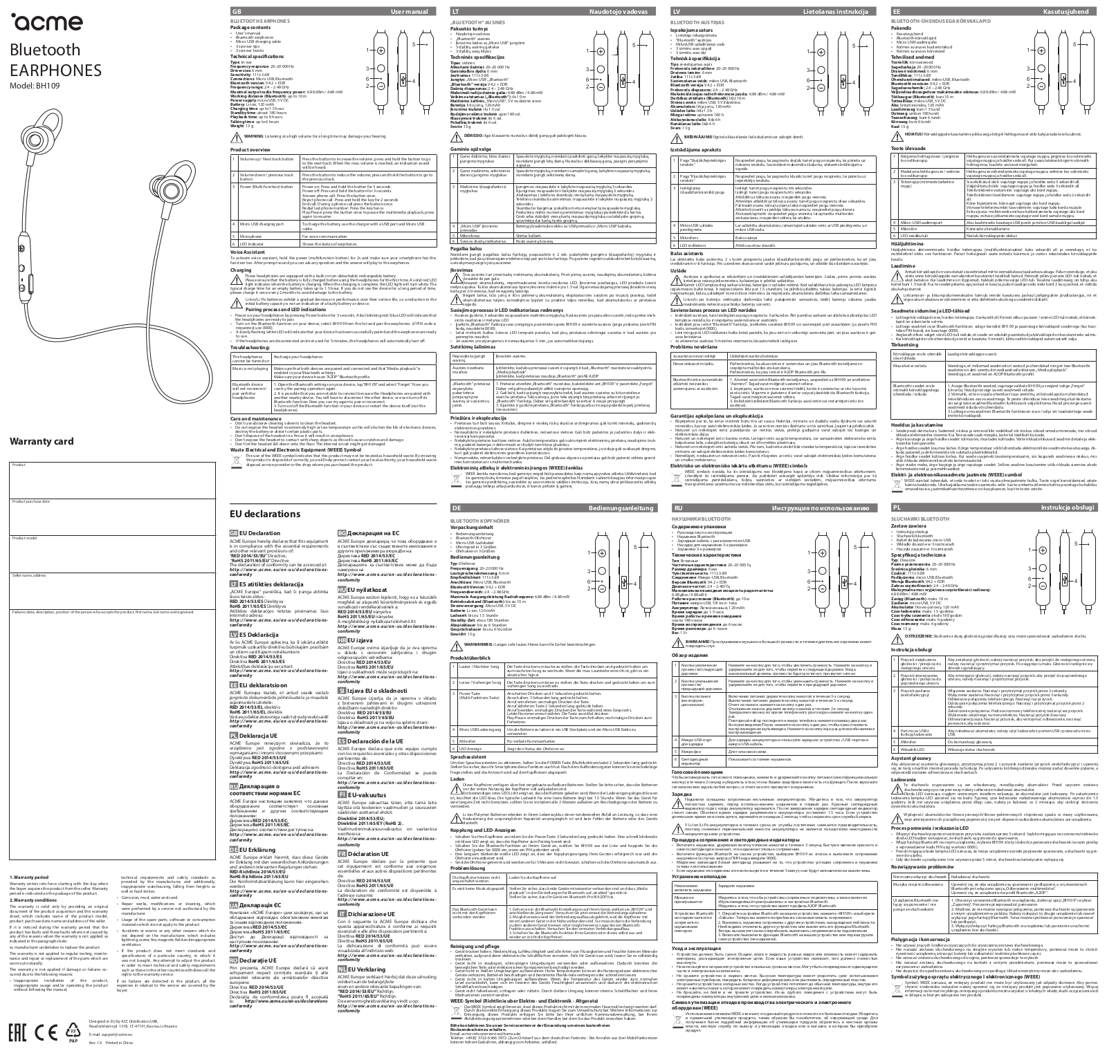 ACME BH109 operation manual