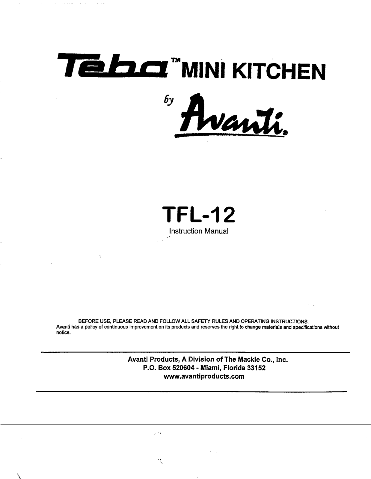 Avanti TFL-12 User Manual