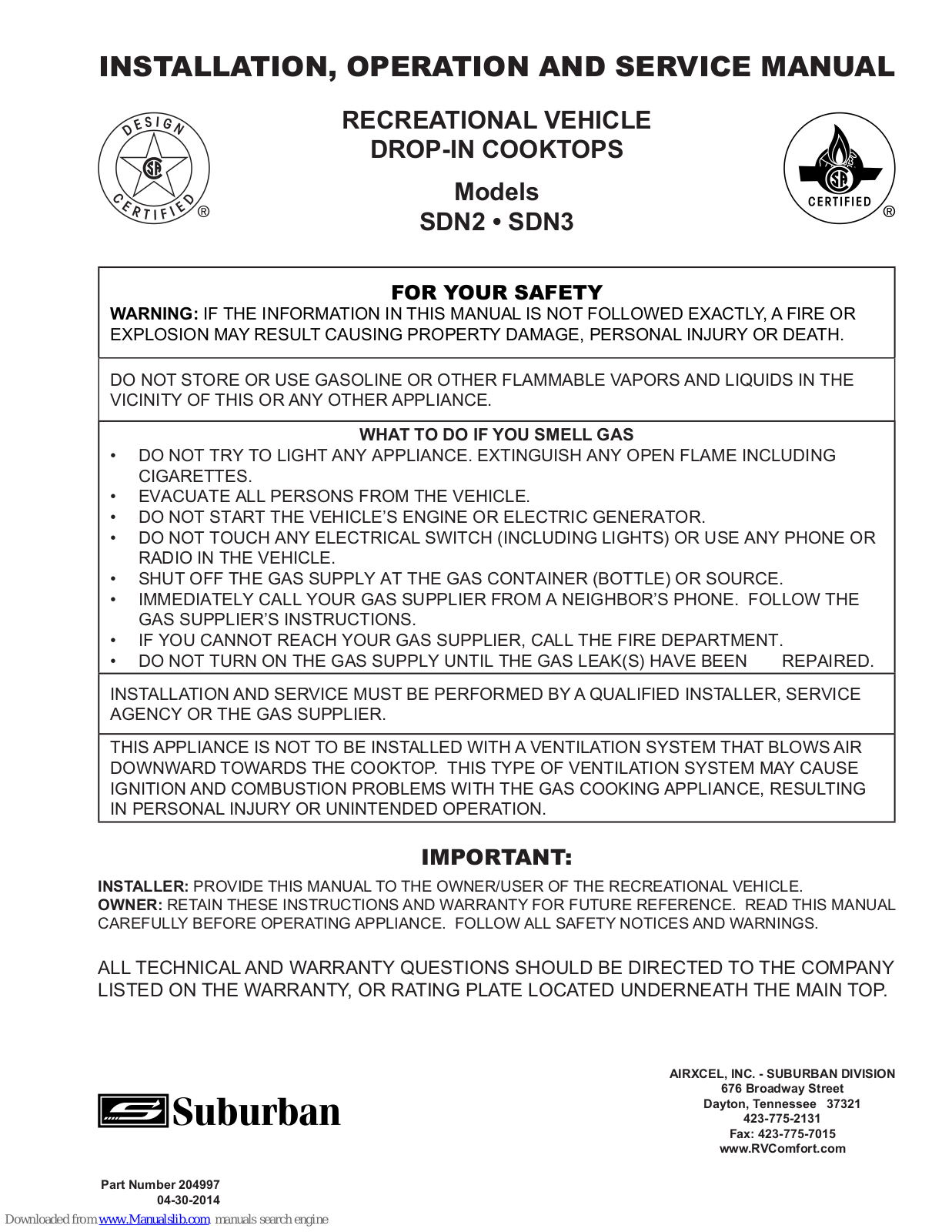 Suburban SDN2? SDN3, SDN2, SDN3 Installation, Operation And Service Manual - ManualMachine.com