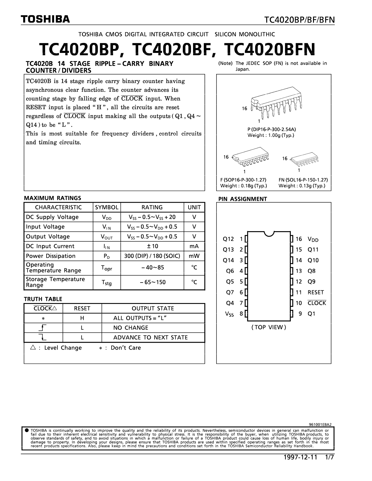 TOSHIBA TC4020BP, TC4020BF, TC4020BFN Technical data