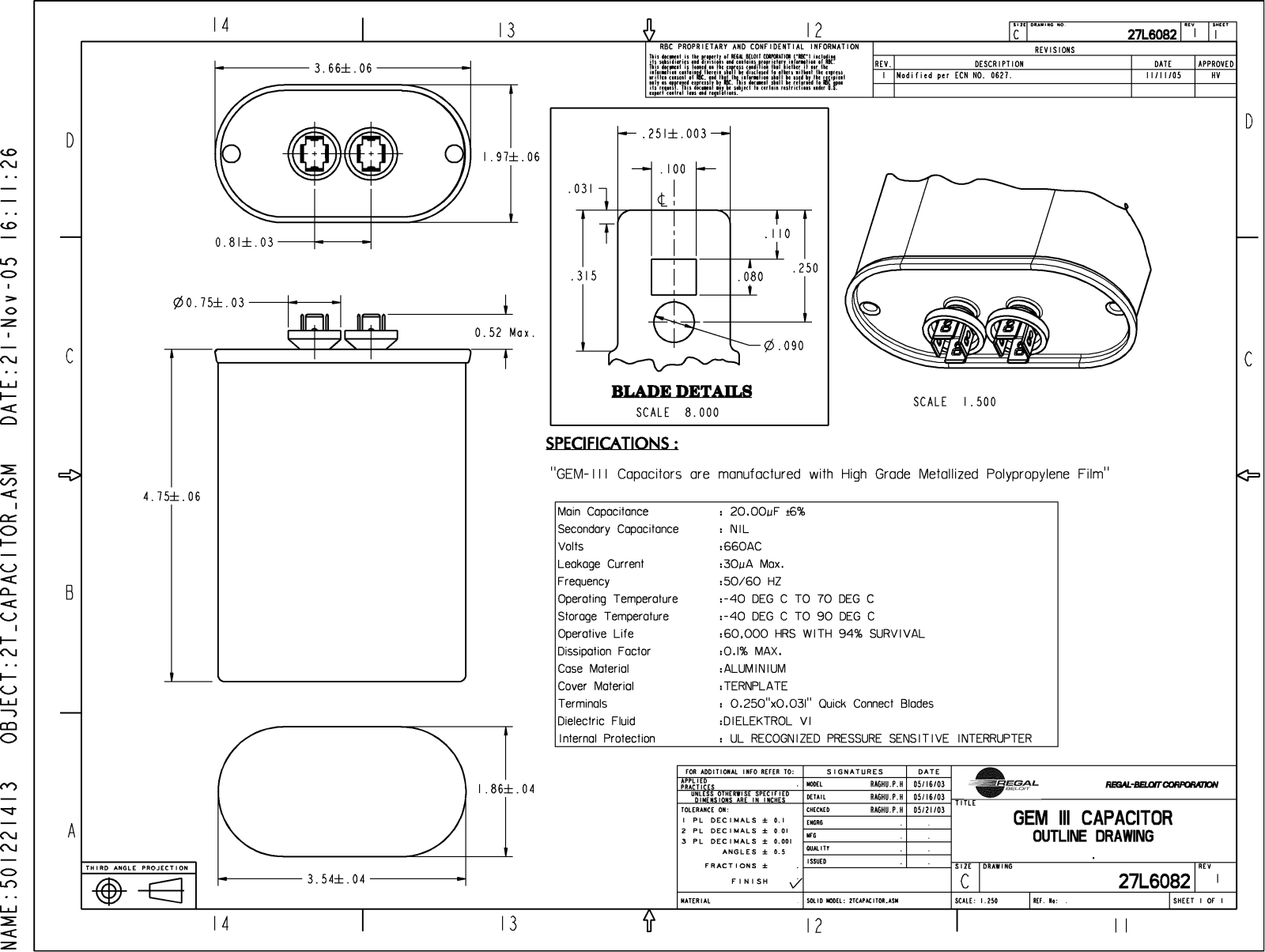 GE Capacitor 27L6082 Dimensional Sheet