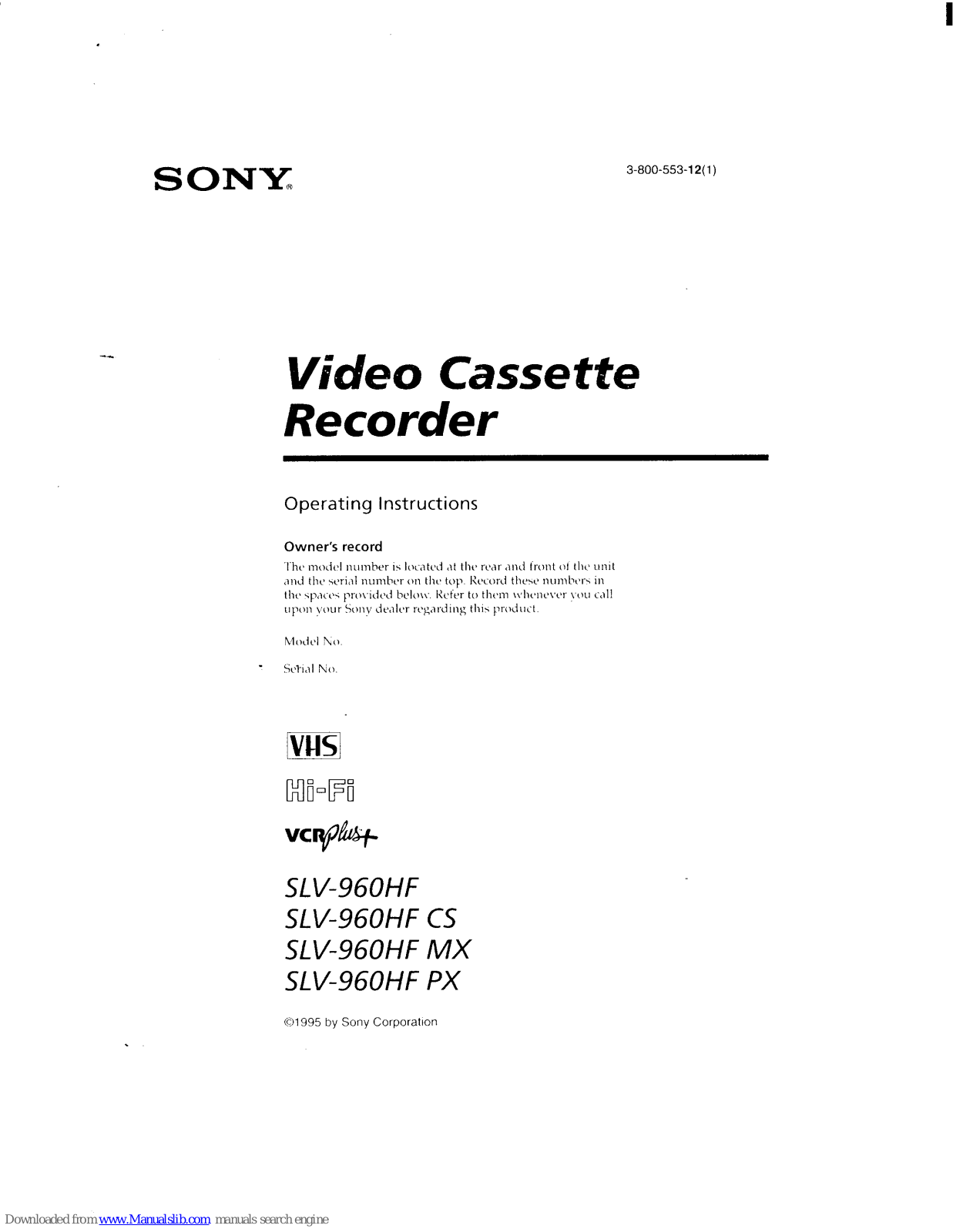 Sony SLV-960HFCS Operating Instructions Manual