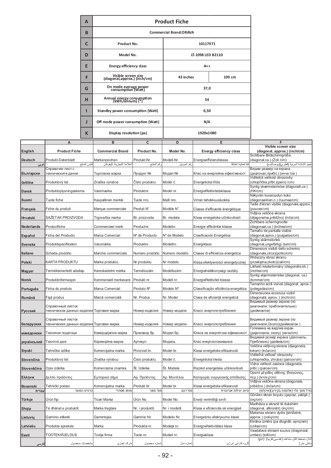 Orava LT-1098 User Manual