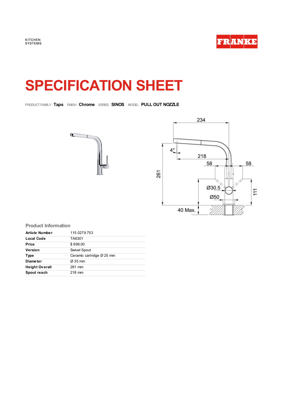 Franke TA6301B Specifications Sheet