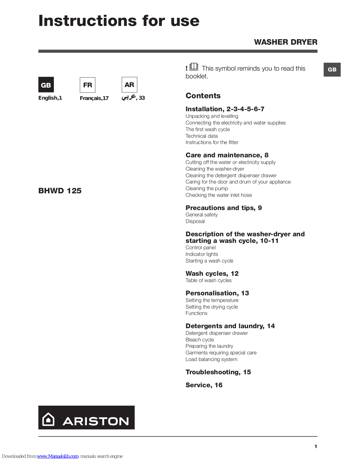 Hotpoint BHWD 125 Instructions For Use Manual