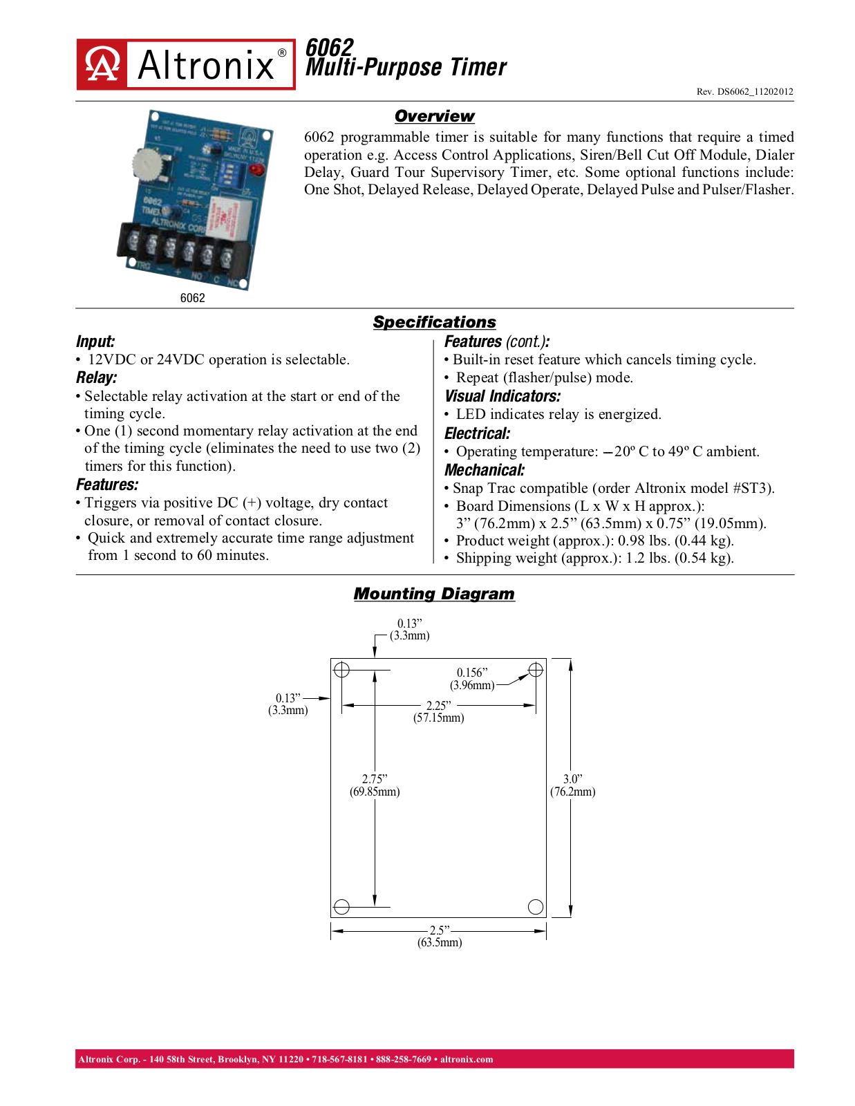 Altronix 6062 Specsheet