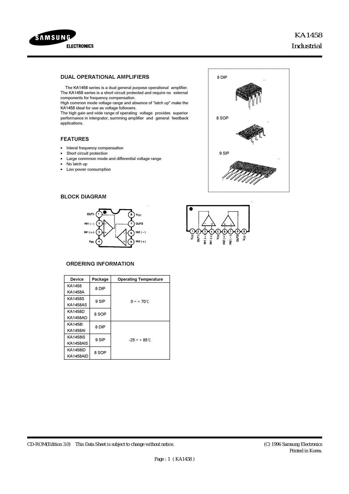 Samsung KA1458S, KA1458IS, KA1458ID, KA1458I, KA1458AS Datasheet