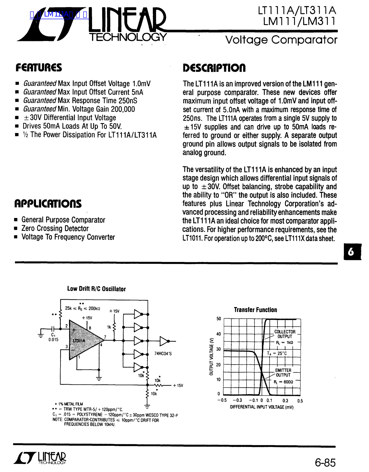 LINEAR TECHNOLOGY LT111A, LT311A, LM111, LM311 Technical data