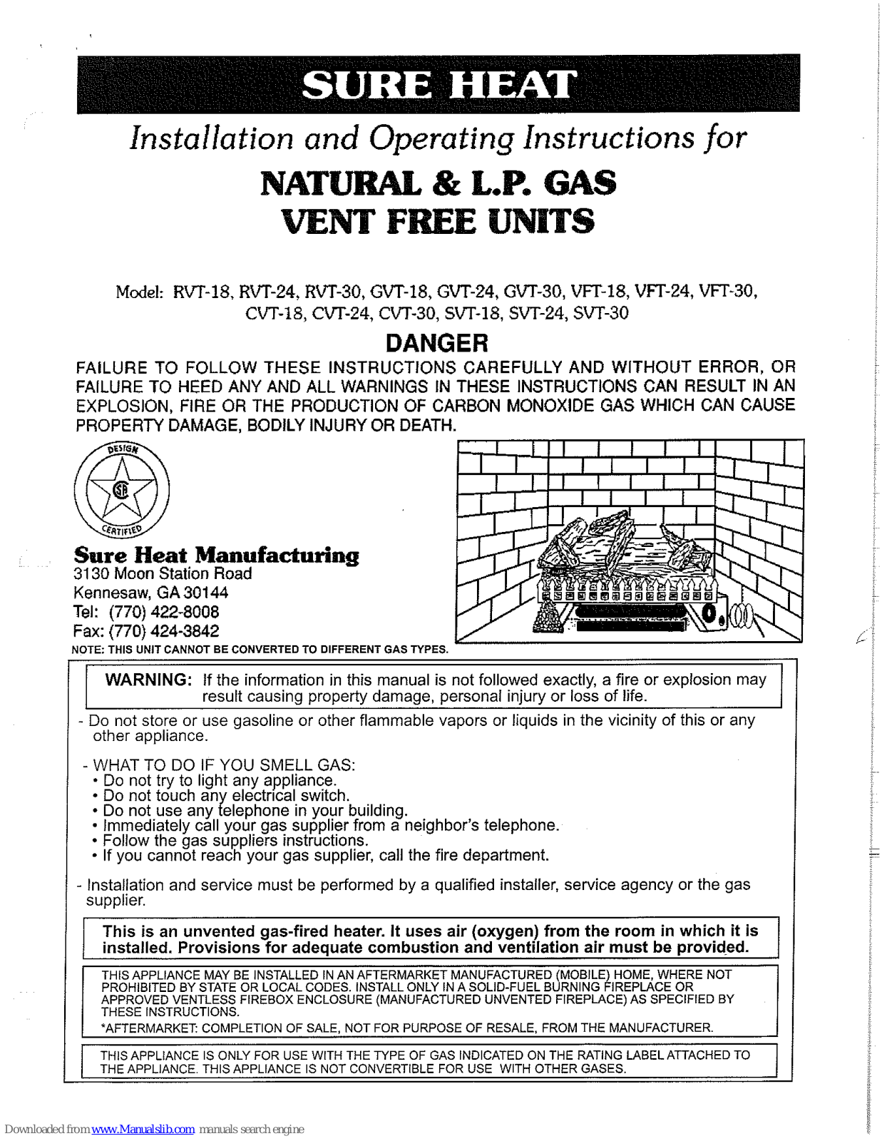 Sure Heat RVT-18, RVT-24, RVT-30, GVT-18, GVT-24 Installation And Operating Instrictions