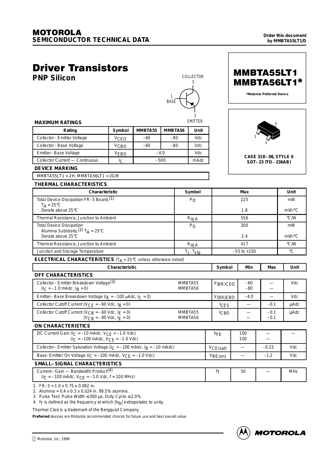 MOTOROLA MMBTA56LT3, MMBTA55LT1, MMBTA55LT3 Datasheet