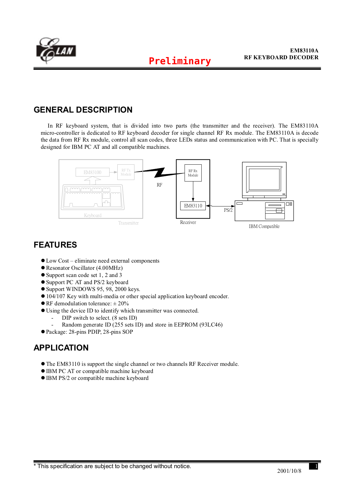 ELAN EM83110A Datasheet