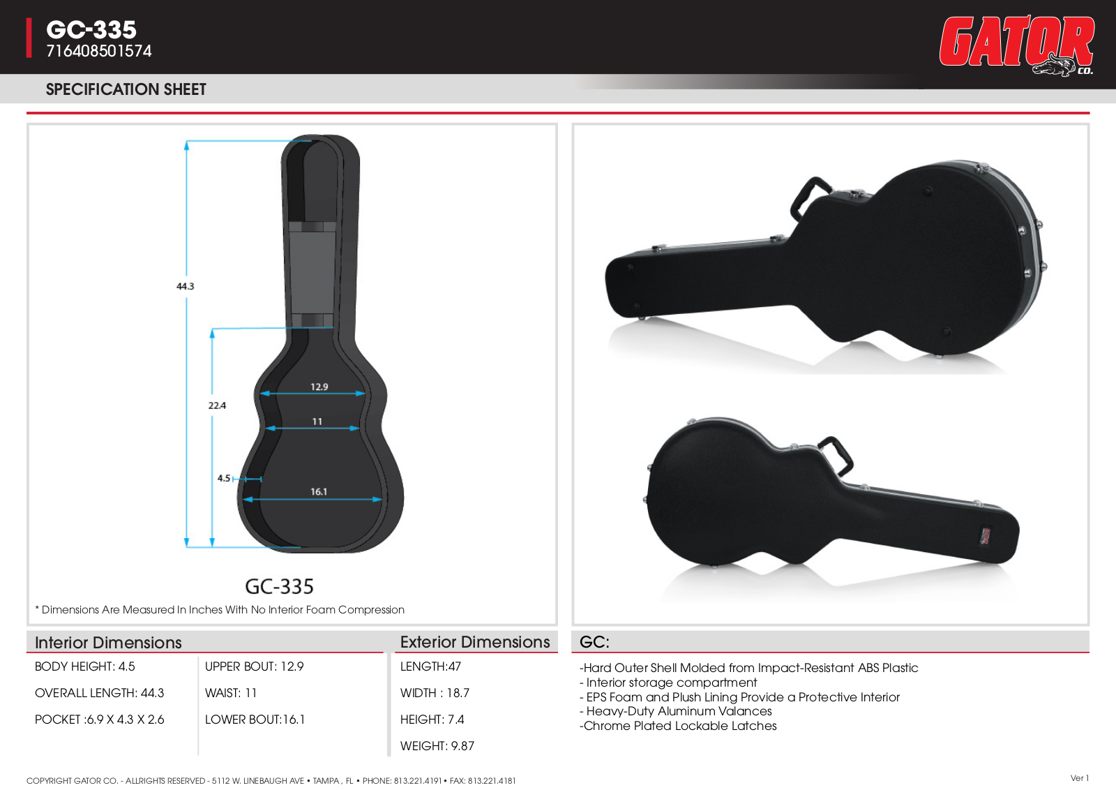 Gator GC-335 Specifications