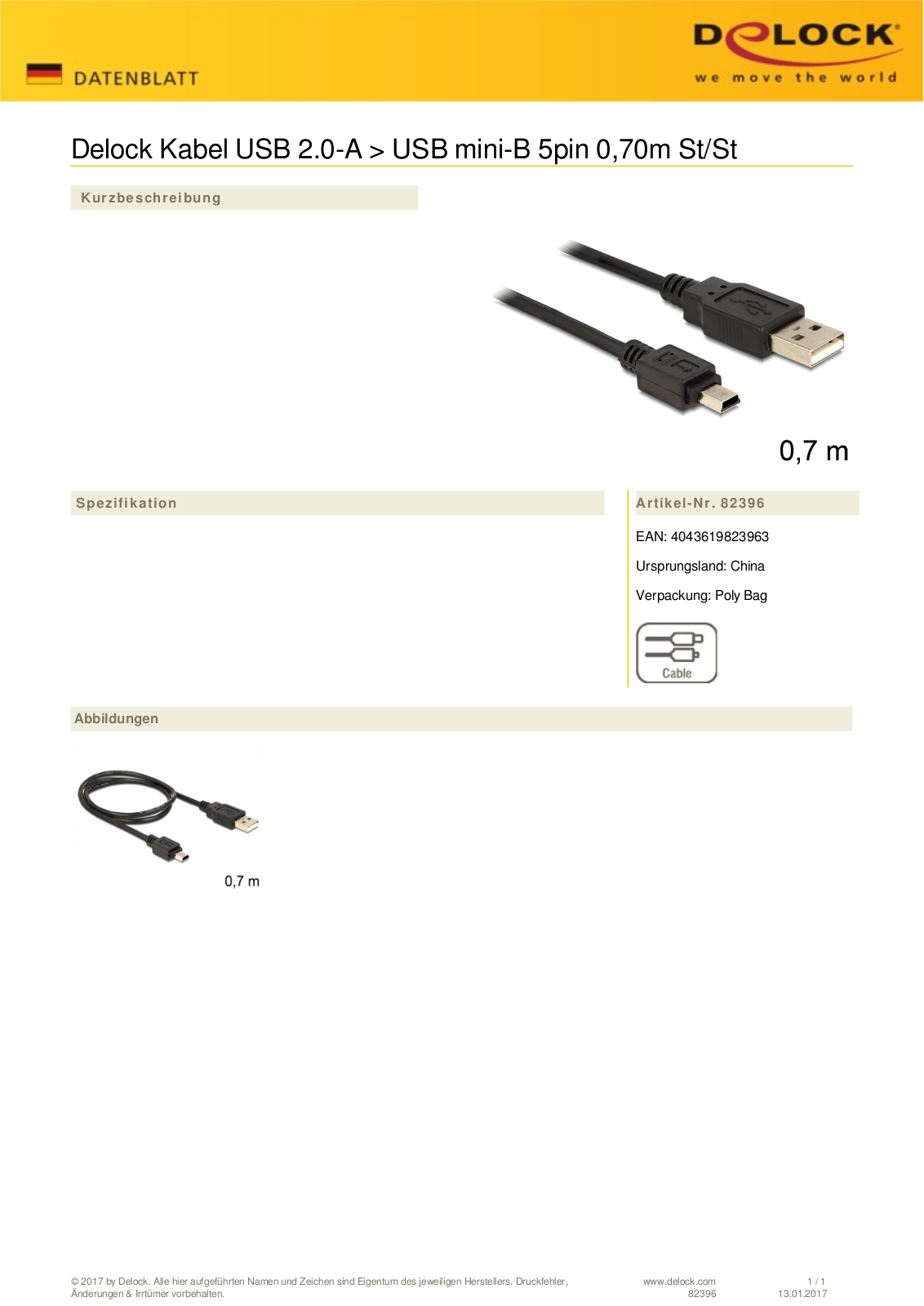 DeLOCK USB-A 2.0 to USB 2.0 mini-B adapter cable 5-pin, 0.7m User Manual