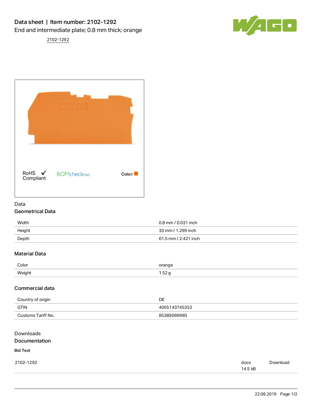 Wago 2102-1292 Data Sheet