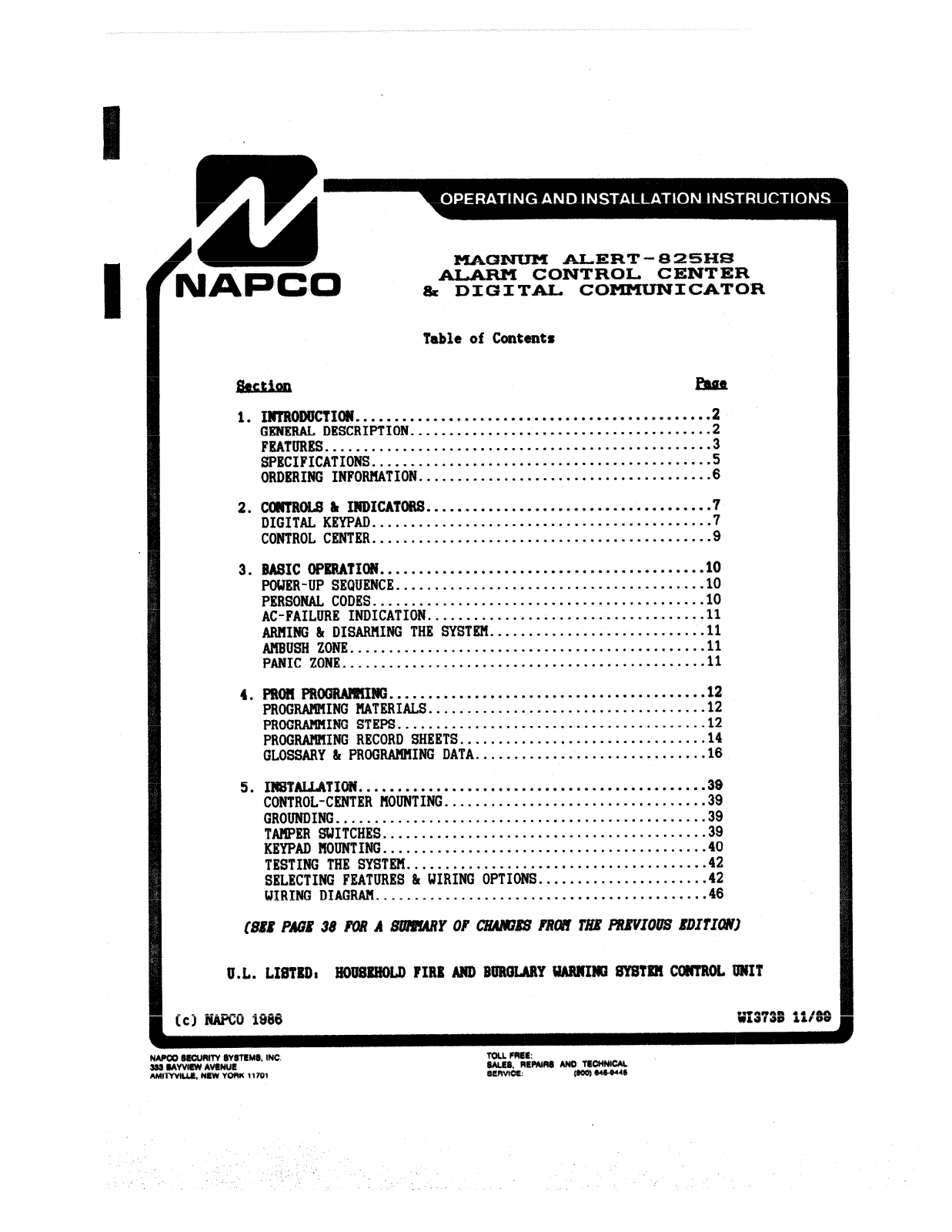 NAPCO MA825HS Installation Manual