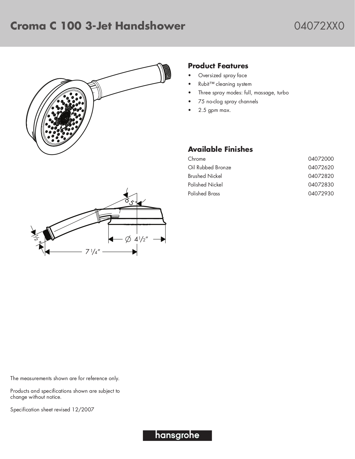 Hansgrohe HAN2533 Specifications - ManualMachine.com