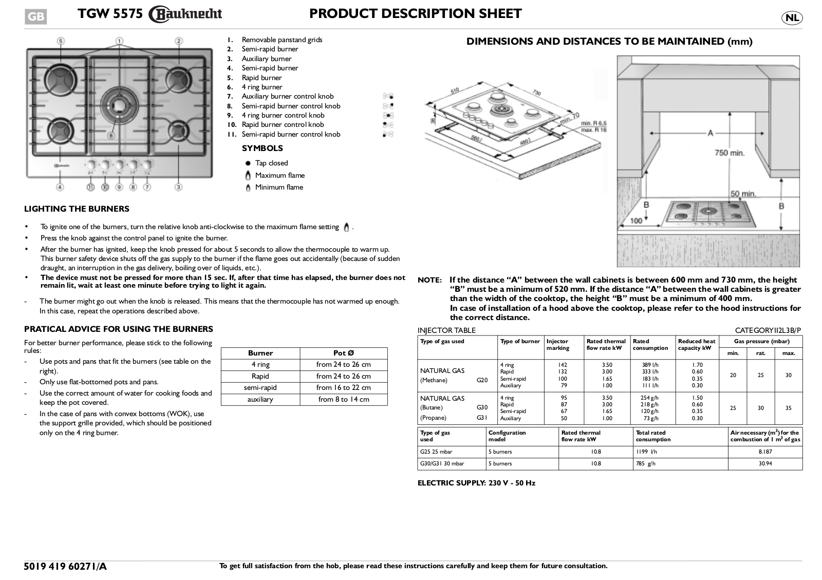 Whirlpool TGW 5575/IN/01, TGW 5575 IN, TGW 5575/PT, TGW 5575 IXL INSTRUCTION FOR USE