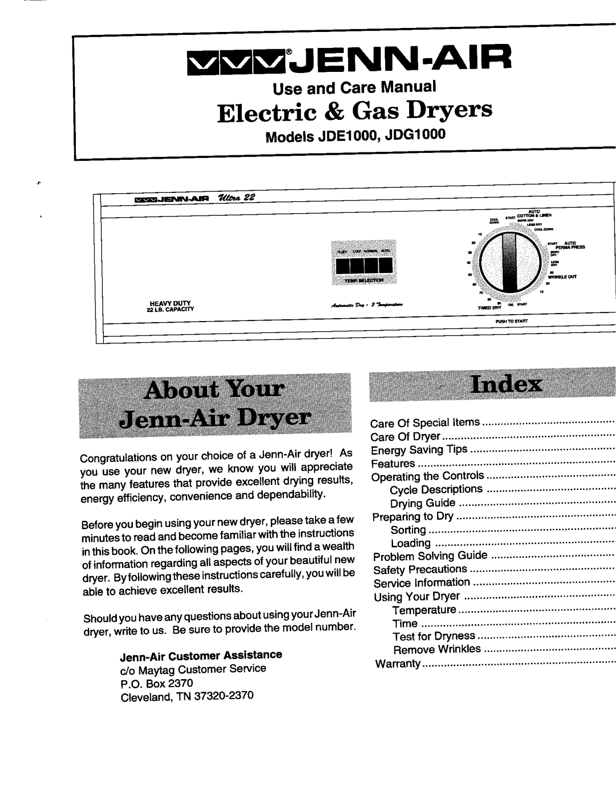 Jenn-Air JDE1000A, JDE1000W, JDG1000A, JDG1000W Owner's Manual