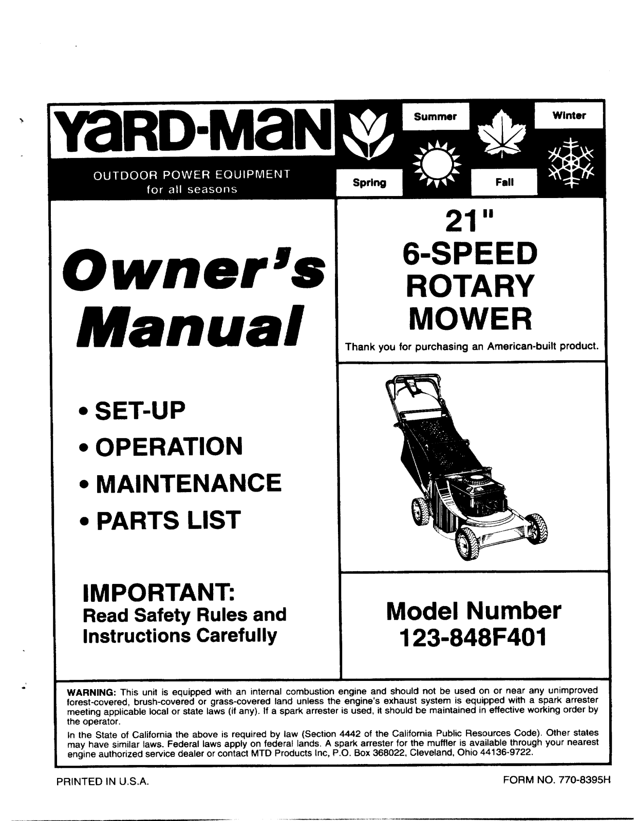 Yard-Man 123-848F401 User Manual