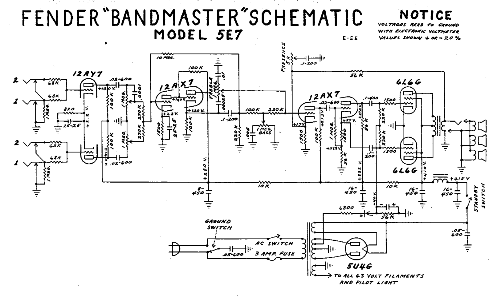 Fender Bandmaster-5E7 Schematic