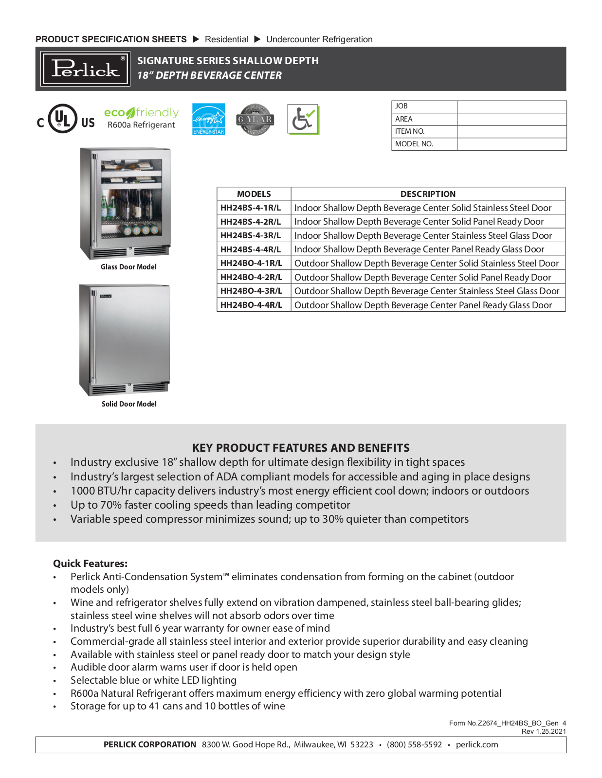 Perlick HH24BS-4-1L, HH24BS-4-2L, HH24BS-4-3L, HH24BS-4-4L, HH24BO-4-1L Specification Sheet