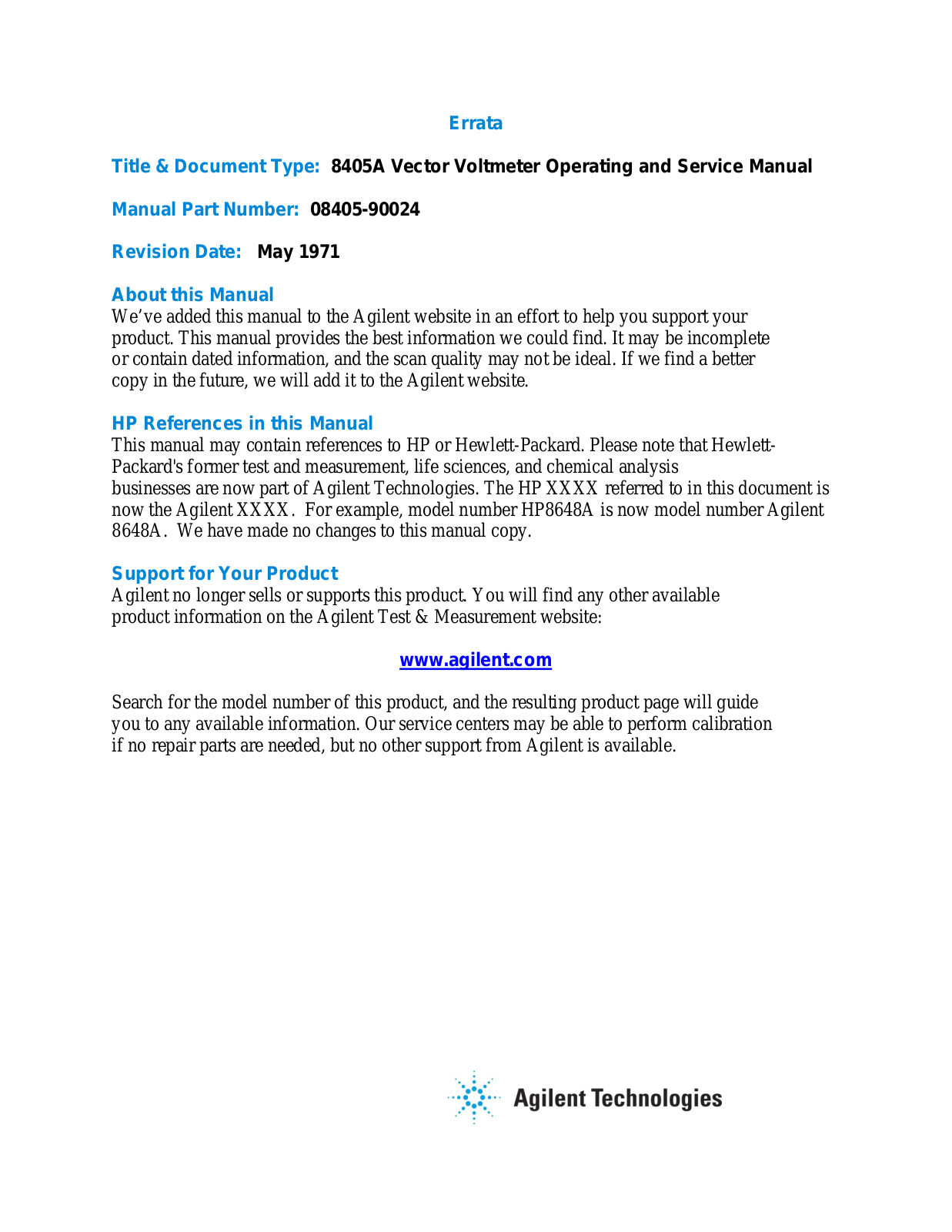 HP 8405A OPERATING AND SERVICE MANUAL