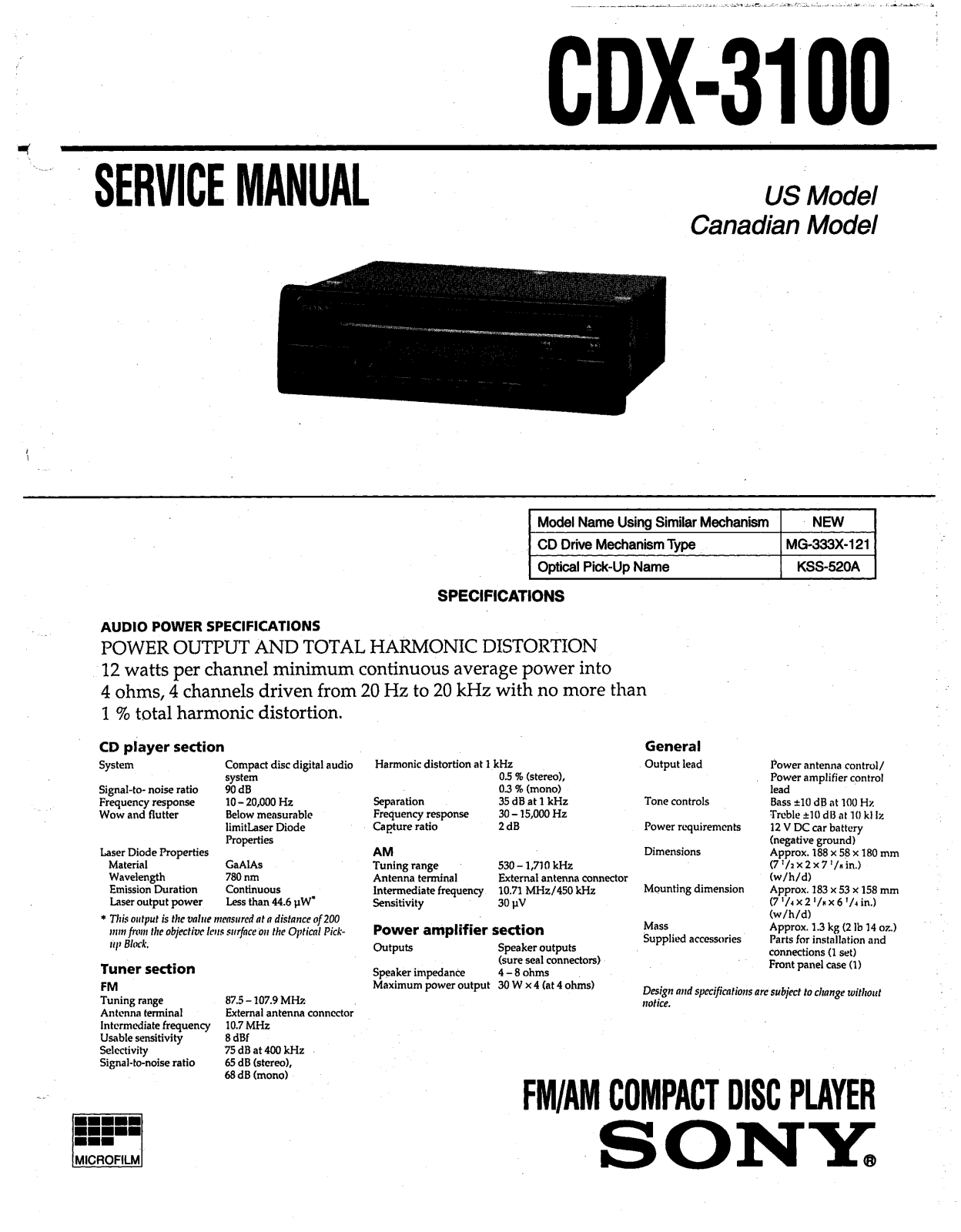 SONY CDX-3100 Service Manual