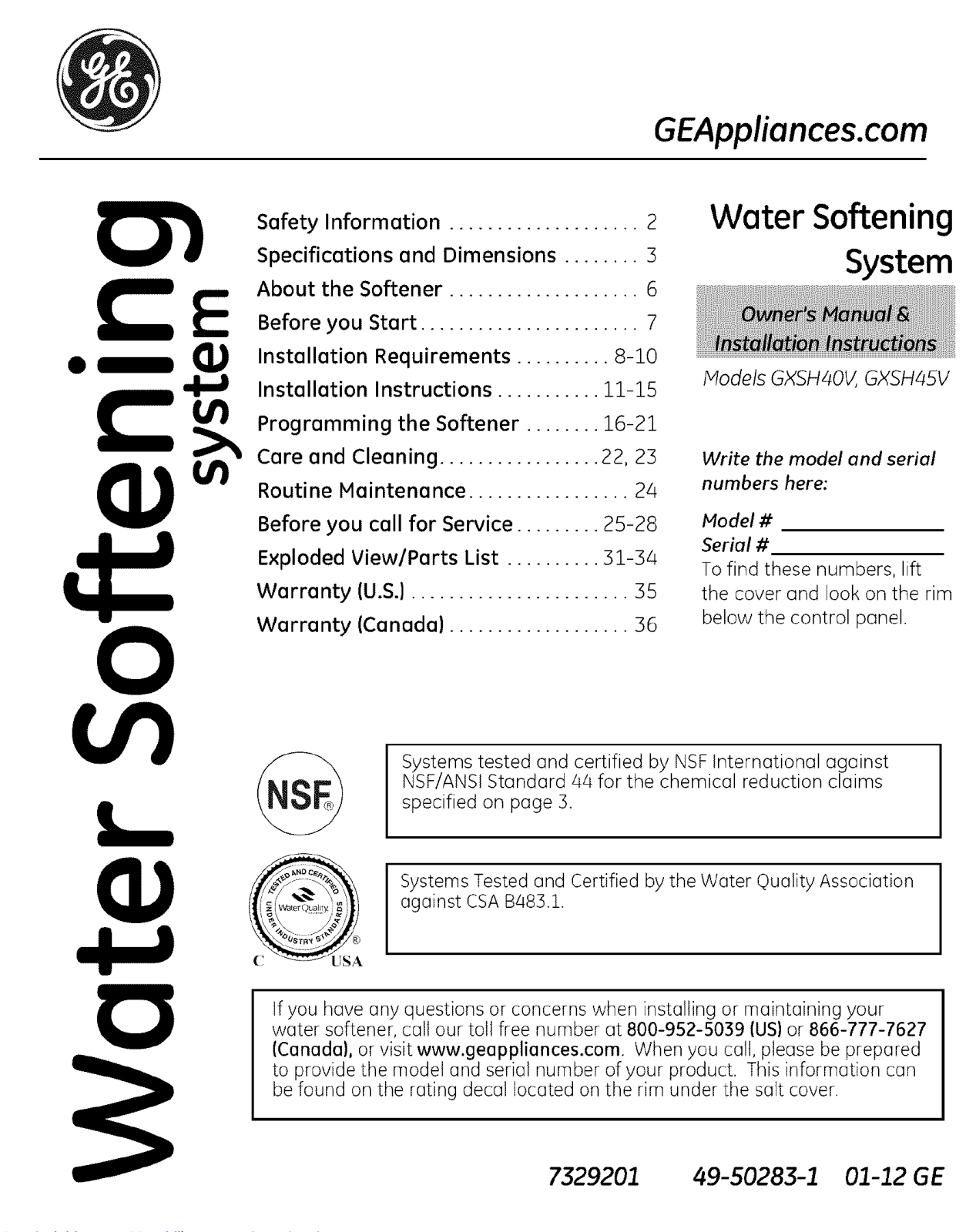 GE GXSH40V Owner's manual and installation instructions