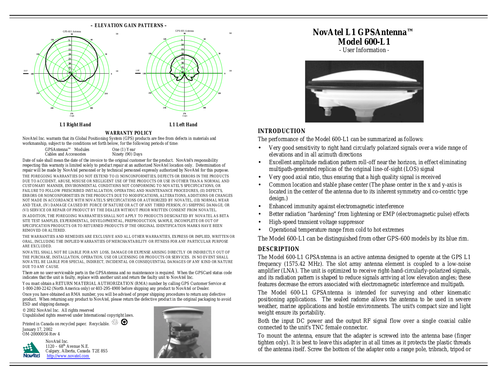 Novatel 600-L1 User Information