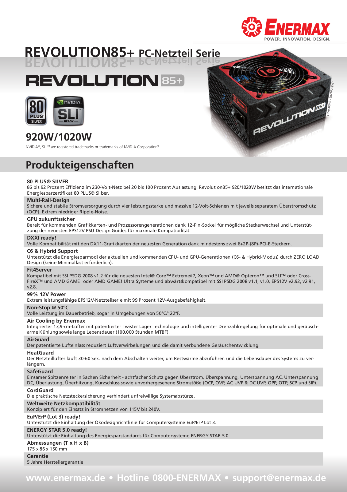 Enermax REVOLUTION85PLUS 920W, REVOLUTION85PLUS 1020W DATASHEET