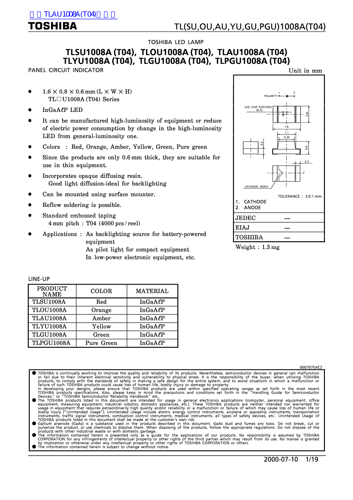 TOSHIBA TLOU1008A, TLAU1008A, TLYU1008A, TLGU1008A, TLPGU1008A Technical data