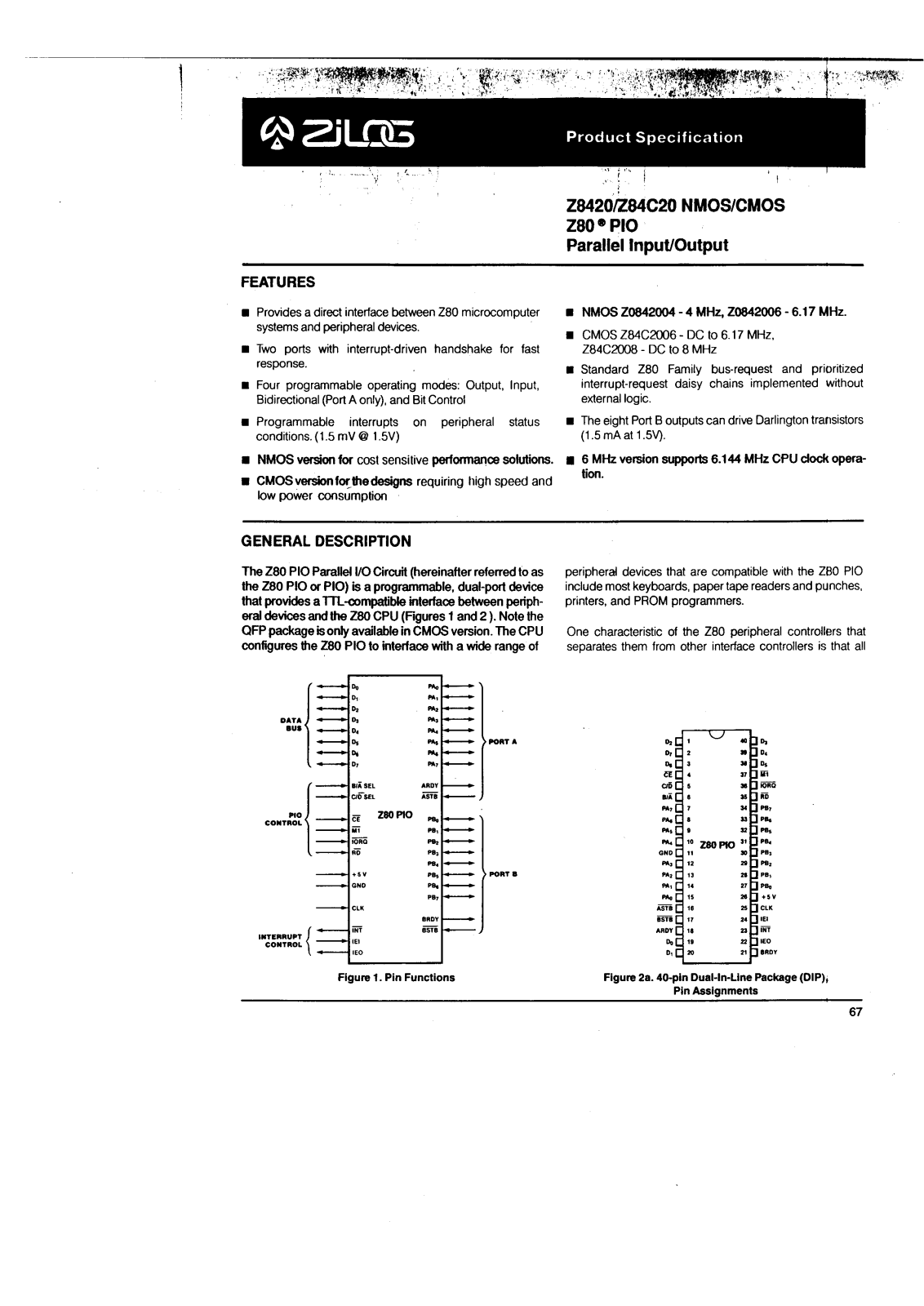 ZILOG Z842004PEC, Z842004VEC, Z842006PEC, Z842006VEC, Z84C2010PEC Datasheet