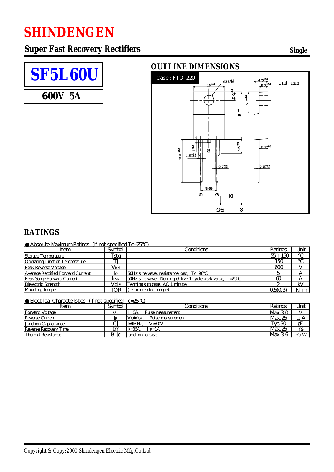 Shindengen Electric Manufacturing Company Ltd SF5L60U Datasheet