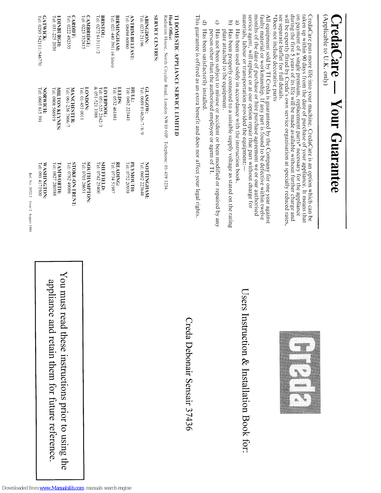 Creda Debonair Sensair 37436 Instruction And Installation Book