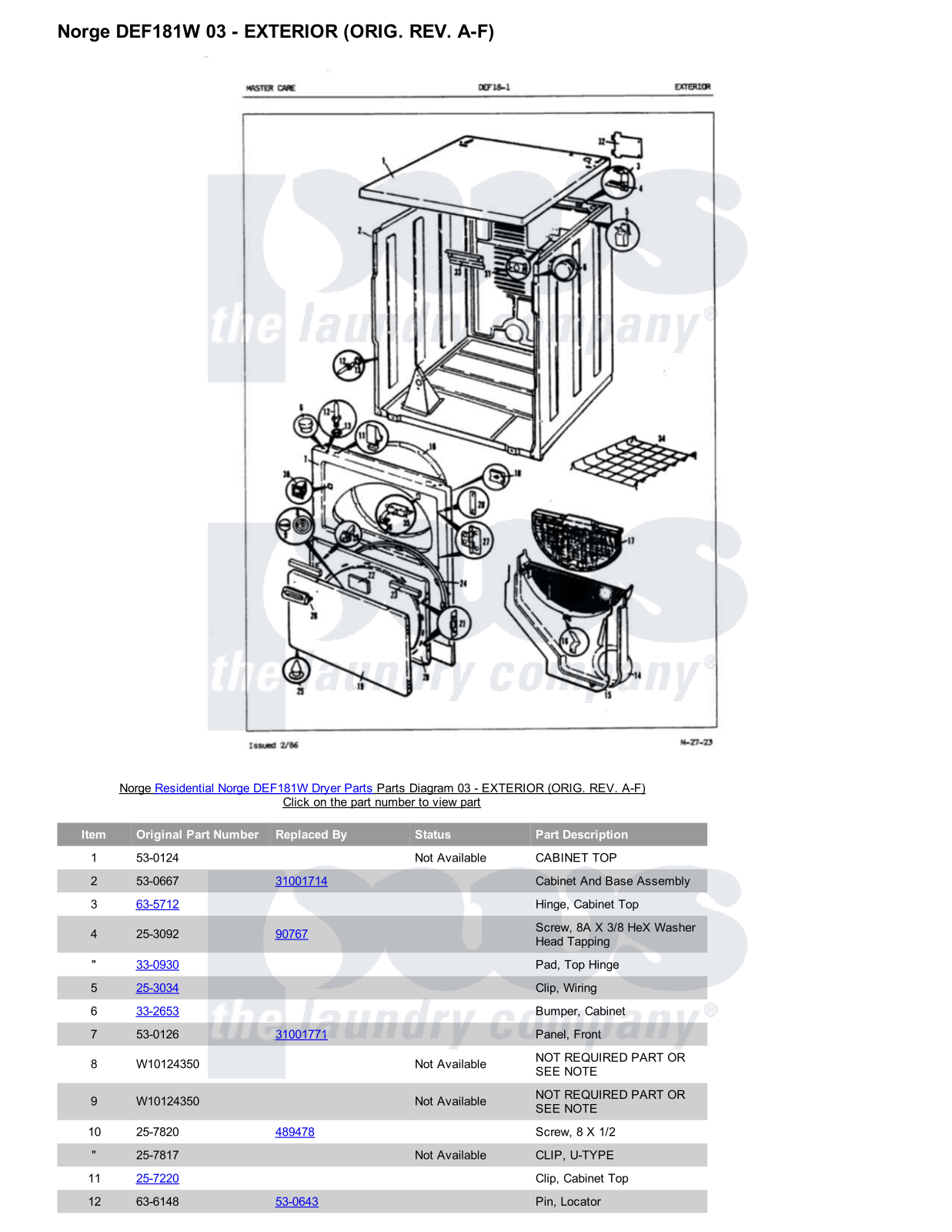 Norge DEF181W Parts Diagram