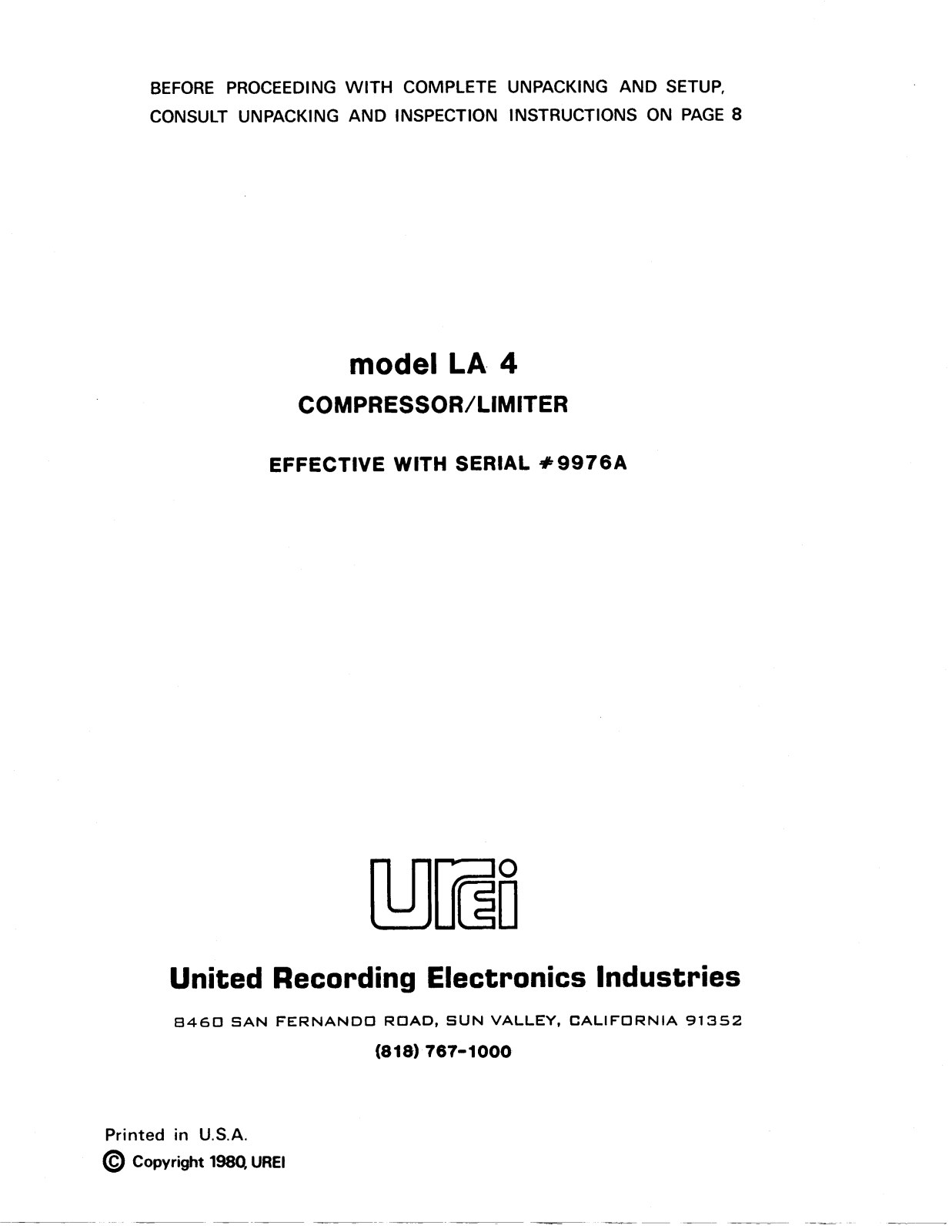 JBL UREI LA-4 User Manual