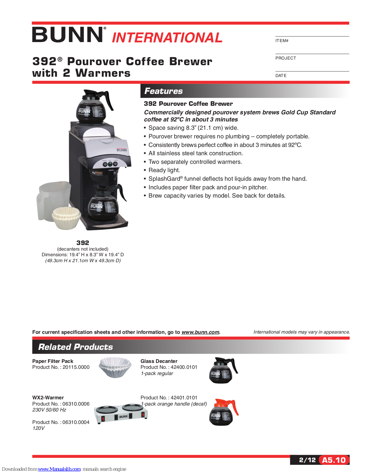 Bunn 392B, 392A-1, 392A Specification Sheet