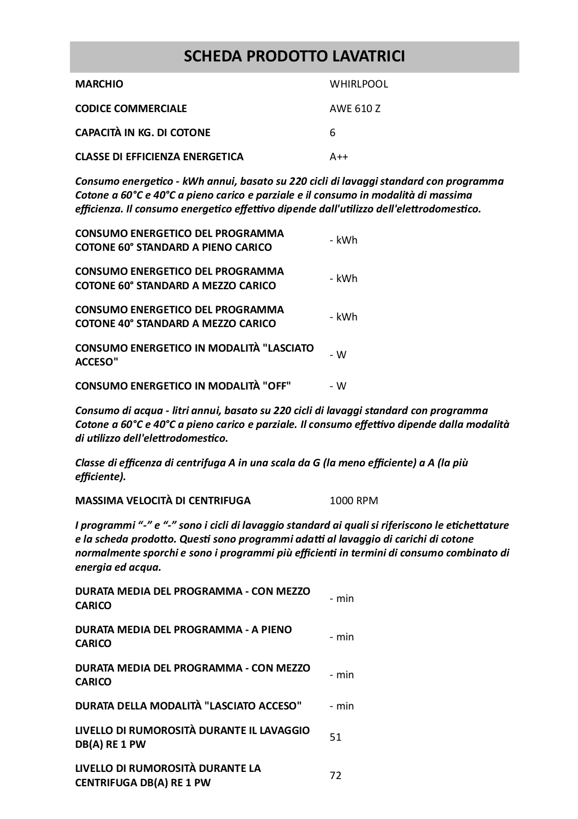 Whirlpool AWE 610 Z User Manual